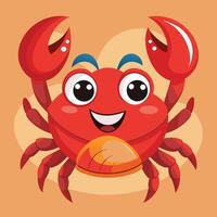 A cheerful cartoon crab smiles brightly against a simple beige background with its claws raised in a playful pose vector