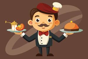 Friendly waiter serving a delicious burger with fries and a refreshing drink in a cheerful restaurant setting vector