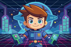 A cheerful young astronaut stands in a futuristic spacecraft control room surrounded by advanced technology and planetary models vector