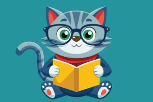 A curious cat wearing glasses reads a book while sitting on a light blue background in a cozy environment vector