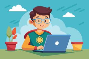 A young man working on a laptop at a desk with a potted plant in a bright, colorful workspace during a sunny afternoon vector