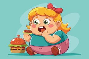 A cheerful young girl enjoys a big hamburger while sitting at a table in a colorful cartoon diner with various food items in the background vector
