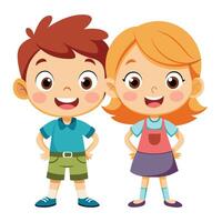 Two cheerful children standing side by side, smiling happily, dressed in colorful outfits on a simple background vector