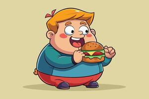 Child enjoying a hamburger while kneeling on a light green background, showcasing happiness and excitement during mealtime vector