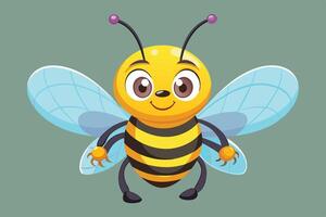 A cheerful cartoon bee with bright yellow and black stripes and large blue wings smiling on a green background in a playful and whimsical style vector