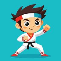 A young martial artist poses confidently in a karate uniform with a red belt and headband, showcasing skills against a vibrant blue background vector