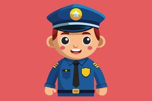 A friendly cartoon police officer with a blue uniform and cap, standing against a simple purple background, smiling and ready to help the community vector