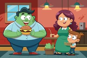 Two cartoon characters enjoy tasty snacks together in a colorful setting, showcasing a joyful moment of friendship and food enjoyment vector