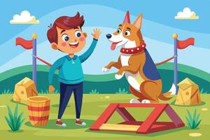 A boy interacts happily with his dog in a cheerful park setting during a sunny day, showcasing a strong bond between them vector