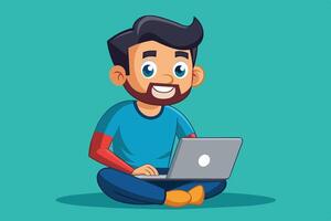 Young man working on a laptop at a desk in a cozy workspace during daytime with a warm color background vector