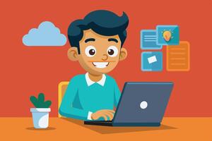 A young boy with spiky hair working on a laptop at a colorful desk with a drink and plant in a cozy workspace setting vector
