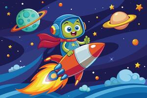 A cheerful astronaut character flying a rocket through a colorful outer space landscape filled with planets and stars vector