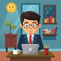 Young professional working at a modern office desk with plants, books, and files in the background on a clear day, focused on his laptop vector