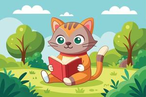 A cute cartoon cat reading a book in a vibrant garden during a sunny day with colorful flowers and soft greenery surrounding it vector