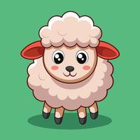 Cute cartoon sheep character with large eyes and fluffy wool standing in a green meadow surrounded by grass vector