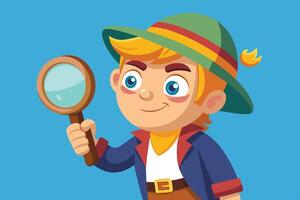 A cheerful cartoon character with a magnifying glass exploring a bright yellow background during a playful adventure in a fun, colorful setting vector