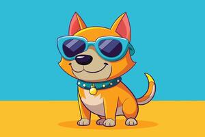 Cute cartoon dog wearing sunglasses sitting on a sunny beach with a playful expression enjoying a fun summer day vector