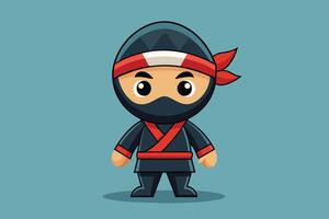 A cute cartoon ninja character dressed in black and red poses confidently against a simple tan background vector