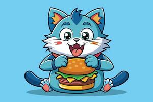 A playful cartoon cat happily enjoys a large burger while sitting on a vibrant green background during a cheerful day vector