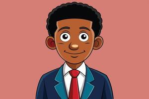 Animated character in a blue suit with a yellow tie smiling against a solid blue background in a cheerful presentation vector