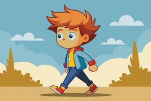 A cheerful cartoon boy strolls along a sunny path surrounded by gentle hills and fluffy clouds in a vibrant outdoor setting vector