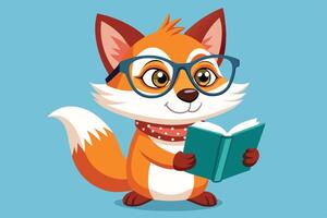 A happy cartoon fox in glasses reading a book while seated on a light blue background showing a friendly and playful demeanor vector