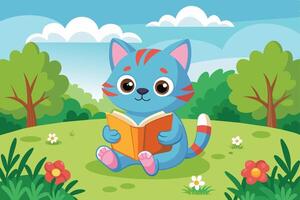 A cute blue cat reading a book in a vibrant forest with colorful flowers and trees under a bright sky during a sunny day vector