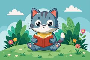 A cute cat reading a book while sitting in a vibrant green park under a bright blue sky with fluffy clouds vector