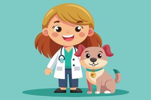A cheerful young girl in a white coat stands beside her friendly dog, both ready for an adventure in a bright and playful setting vector