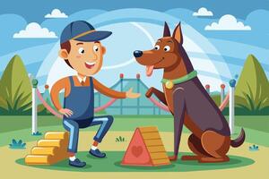 A cheerful boy interacts with a jumping dog in a vibrant park during a sunny day, showcasing an energetic and playful training session vector