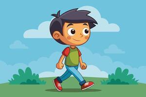 A cheerful young boy with a playful expression walks happily in a bright landscape filled with green bushes and a clear blue sky vector