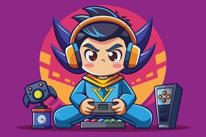 A cartoon character with headphones and a controller vector