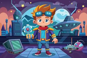 Young astronaut in futuristic space station uniform stands confidently in advanced control room during a vibrant evening in a sci-fi universe vector