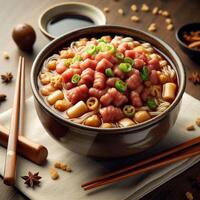 Siu yi mixed with coarse with drink and chopsticks served in pot isolated on napkin side view of japanese food photo