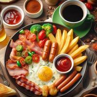 Top view of breakfast with omelet, bacon, many sausage, fried vegetable and tomato or chili sauce with green cup of black coffee. Delicious meal in American style with hot drinking on wooden table. photo