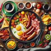 Top view of breakfast with omelet, bacon, many sausage, fried vegetable and tomato or chili sauce with green cup of black coffee. Delicious meal in American style with hot drinking on wooden table. photo