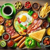 Top view of breakfast with omelet, bacon, many sausage, fried vegetable and tomato or chili sauce with green cup of black coffee. Delicious meal in American style with hot drinking on wooden table. photo