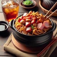Siu yi mixed with coarse with drink and chopsticks served in pot isolated on napkin side view of japanese food photo