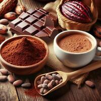 Cocoa powder and cocoa bean on wooden table photo