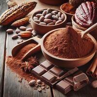 Cocoa powder and cocoa bean on wooden table photo