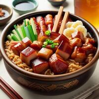 Siu yi mixed with coarse with drink and chopsticks served in pot isolated on napkin side view of japanese food photo