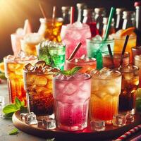 A lot of Soft drinks in colorful and flavorful glasses on the table,Glasses with sweet drinks with ice cubesv. photo