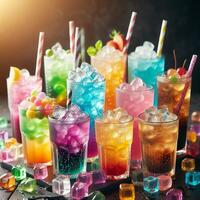 A lot of Soft drinks in colorful and flavorful glasses on the table,Glasses with sweet drinks with ice cubesv. photo