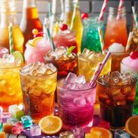 A lot of Soft drinks in colorful and flavorful glasses on the table,Glasses with sweet drinks with ice cubesv. photo