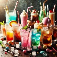 A lot of Soft drinks in colorful and flavorful glasses on the table,Glasses with sweet drinks with ice cubesv. photo