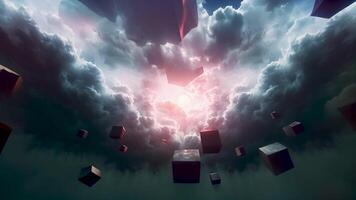 Captivating view of storm clouds floating in the sky outside a contemporary office, blending natural power with cutting-edge architectural design for a surreal and dramatic visual. video