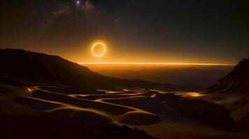 A mesmerizing sunrise in the vast expanse of space, where the sun and moon coexist in harmony, casting radiant light across the galaxy and illuminating the stars. video