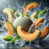 Fresh cantaloupe slices splash into water, creating a dynamic and refreshing scene perfect for summer food and drink concepts. photo