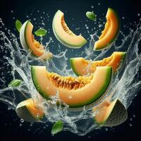 Fresh cantaloupe slices splash into water, creating a dynamic and refreshing scene perfect for summer food and drink concepts. photo