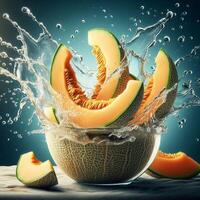 Fresh cantaloupe slices splash into water, creating a dynamic and refreshing scene perfect for summer food and drink concepts. photo